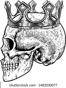 A human skeleton skull wearing a royal kings crown