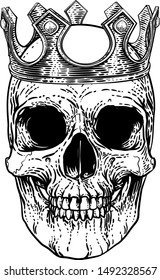 A human skeleton skull wearing a royal kings crown