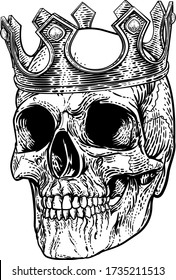 A human skeleton skull wearing a royal kings crown