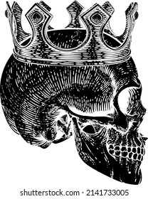 A human skeleton skull wearing a royal kings crown