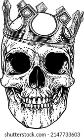 A human skeleton skull wearing a royal kings crown