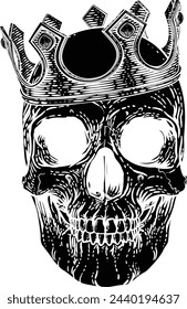 A human skeleton skull wearing a royal kings crown