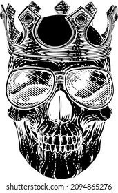 A human skeleton skull wearing sunglasses or shades and a royal kings crown