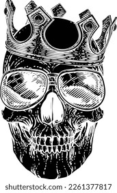 A human skeleton skull wearing sunglasses or shades and a royal kings crown