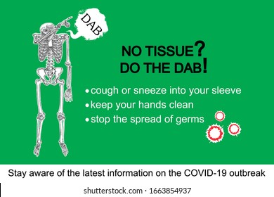 Human skeleton sneezing into the sleeve or hand. Coronavirus flyer with text, No tissue do the DAB. Covid-19 prevention sticker concept. Pathogen outbreak personal safety and protection. Vector.