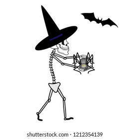 The human skeleton with a spider and a bat goes on Halloween. Vector black and white illustration isolated on white background.