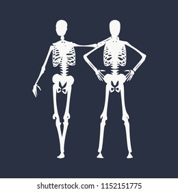 Human skeleton standing and hugging. Halloween party design template. Friends embrace