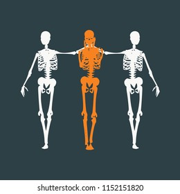 Human skeleton standing and hugging. Halloween party design template. Friends embrace