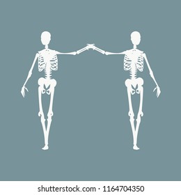 Human skeleton standing and hugging. Halloween party design template. Friends embrace