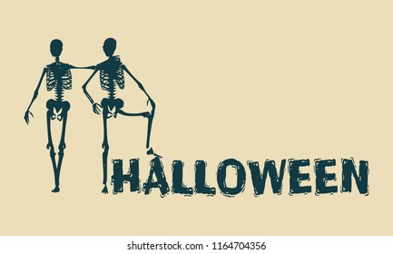 Human skeleton standing and hugging. Halloween party design template. Friends embrace