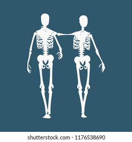 Human skeleton standing and hugging. Halloween party design template. Friends embrace