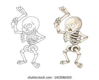 Human Skeleton Standing with Leg, Cartoon Character Vector Illustration isolated on white. Colorful Coloring book page design for kids and children, sticker or game asset