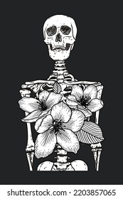 Human skeleton standing with sakura flowers on it's chest. Front view in white isolated over black. Hand drawn vector anatomy romantic drawing. Gothic style illustration print design.