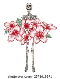 Human skeleton standing with sakura flowers isolated over white background, front view. Hand drawn vector romantic drawing. Gothic style illustration print design.