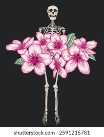 Human skeleton standing with sakura flowers isolated over black background, front view. Hand drawn vector romantic drawing. Gothic style illustration print design.