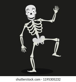 The human skeleton stands on one leg and waves its hand against.