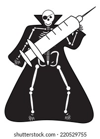 Human Skeleton with syringe halloween on white background