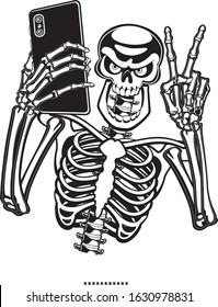 human skeleton taking Selfie Photo on Smart Phone
