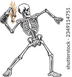 human skeleton throwing an ignited  Molotov cocktail