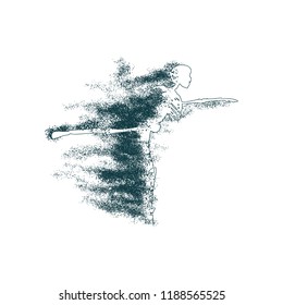 Human skeleton with trail of particles. Dancing pose. Halloween party design template