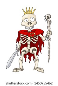 Human Skeleton Warrior King Standing with Sword and Scepter, Cartoon Character Vector Illustration isolated on white. Colorful book page design for kids and children, sticker or game asset