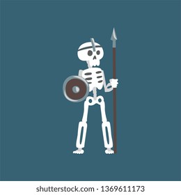 Human Skeleton Warrior Standing with Spear and Shield, Zombie Man Cartoon Character Vector Illustration