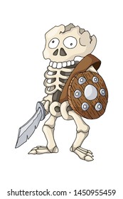 Human Skeleton Warrior Standing with Sword and Wooden Shield, Cartoon Character Vector Illustration isolated on white. Colorful book page design for kids and children, sticker or game asset