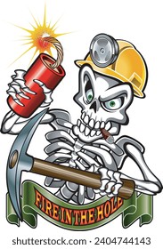 Human skeleton wearing a miner’s helmet holding a dynamite stick in one  hand and a pickaxe in the other hand
