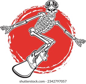 human skeleton wearing ski goggles snowboarding
