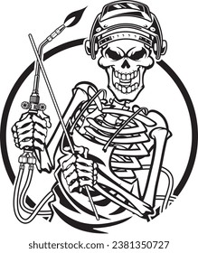 human skeleton wearing welding mask and holdingwelding torche