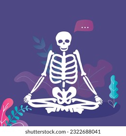 Human Skeleton in yoga lotus pose. meditating skeleton. Comic simplified skeleton sitting crossed legs. Hands on knees. Yoga relaxed asana or position. Halloween holidays element. vector illustration