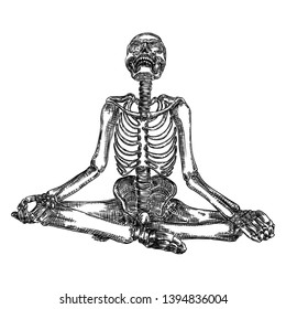 Human skeleton in yoga meditation or Lotus position with skull thrown back. Halloween element. Vector  