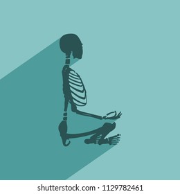 Human skeleton in yoga meditation pose. Halloween party design template. Web icon with long shadow
