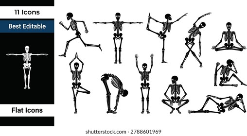 Human skeleton yoga poses silhouette set. Funny anatomy fitness exercise elements, spooky halloween workout, and bone structure flat vector illustration.