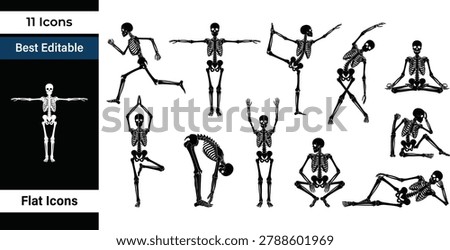 Human skeleton yoga poses silhouette set. Funny anatomy fitness exercise elements, spooky halloween workout, and bone structure flat vector illustration.