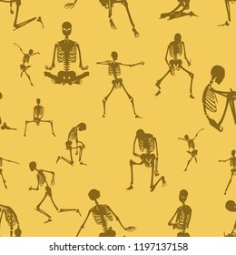 Human skeletons background. Vector illustration. Halloween party design template. Seamless pattern.