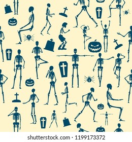 Human skeletons background. Vector illustration. Halloween party design template. Seamless pattern.