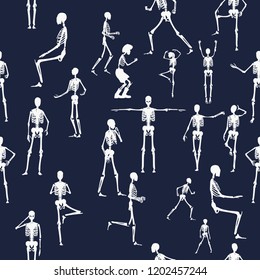 Human skeletons background. Vector illustration. Halloween party design template. Seamless pattern.