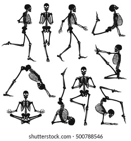 Human skeletons black silhouettes doing gymnastics and yoga asanas isolated on white background flat vector illustration