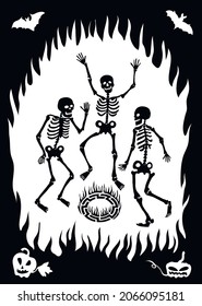 Human skeletons dancing around the fire.  Black skeleton silhouettes isolated on white background. Vector Halloween illustration of skeletons, bats, pumpkins.
