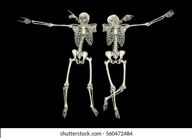 Human skeletons dancing DAB like friends, perform dabbing move gesture in group, posing isolated on black background, vector.