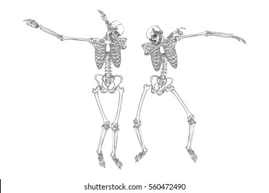 Human skeletons dancing DAB like friends, perform dabbing move gesture in group, posing isolated on white background, vector.