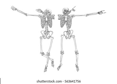 Human skeletons dancing DAB like friends, perform dabbing move gesture in group, posing isolated on white background, vector.