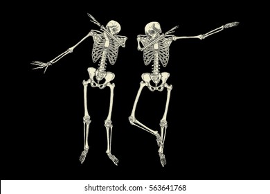 Human skeletons dancing DAB like friends, perform dabbing move gesture in group, posing isolated on black background, vector.