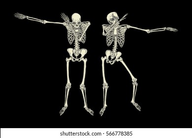 Human skeletons dancing DAB like friends, perform dabbing move gesture in group, posing isolated on black background, vector.