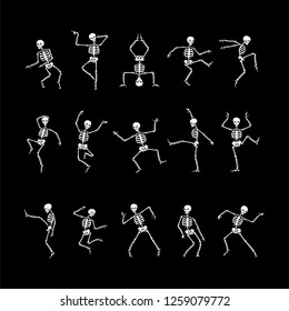 Human skeletons in different poses. Skeleton dance vector set