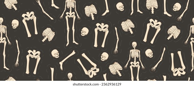 Human skeletons isolated on black background vector illustration. Banner,pattern,print design.