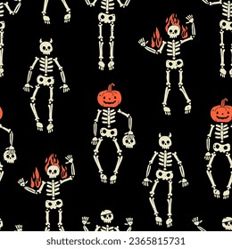 Human skeletons with pumpkin head, eyepatch, horns and flame. Hand drawn modern Vector illustration. Cute creepy characters. Halloween concept. Square seamless pattern, background, wallpaper