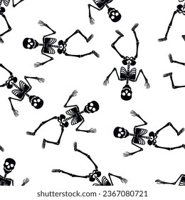 Human skeletons seamless pattern.Black and white endless wallpaper with silhouettes of gothic symbols.Background or texture for printing on fabric and paper.Vector hand drawn illustration.