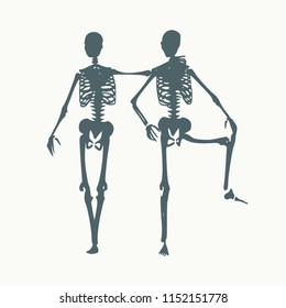 Human skeletons standing and hugging. Halloween party design template. Friends embrace